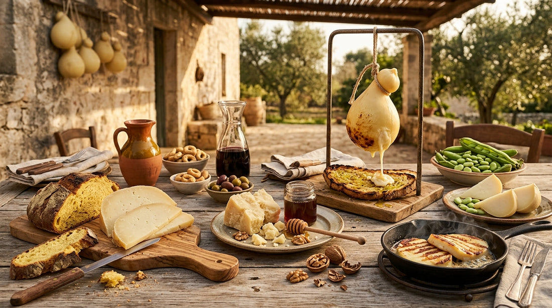 Caciocavallo pugliese appeso sopra la brace, con una fetta di pane in terracotta accanto