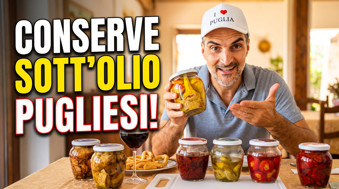 Conserve sott’olio pugliesi: carciofi, pomodori secchi e peperoncino ripieno di tonno su tagliere