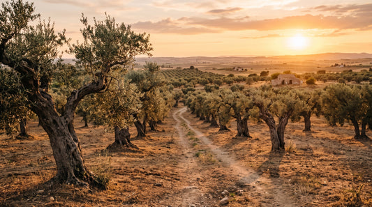 Uliveto nel Tavoliere vicino a Cerignola alla luce del tramonto