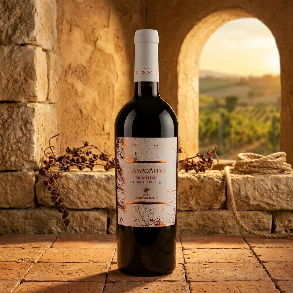 Bottiglia di CampoAppio Primitivo 2023 affinato in barrique di Cantine San Pancrazio, davanti a un arco in pietra con vista sui vigneti