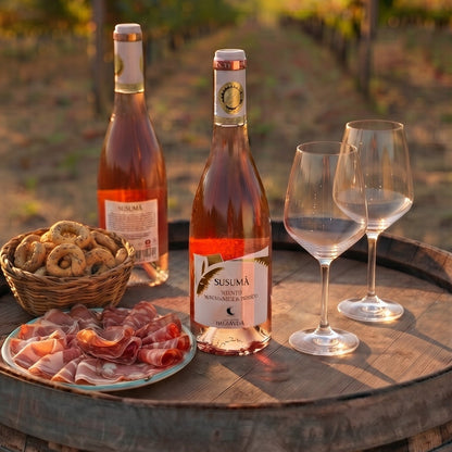 Retro etichetta di Susumà Susumaniello Rosato IGP, vino rosato pugliese.