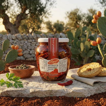 Involtini di pomodori secchi su frisella nella campagna salentina, con fichi d'india sullo sfondo