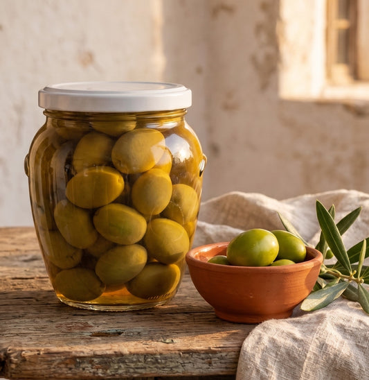 Vaso da 550 g di olive verdi Bella di Cerignola di grande pezzatura, Bottega Imperiale