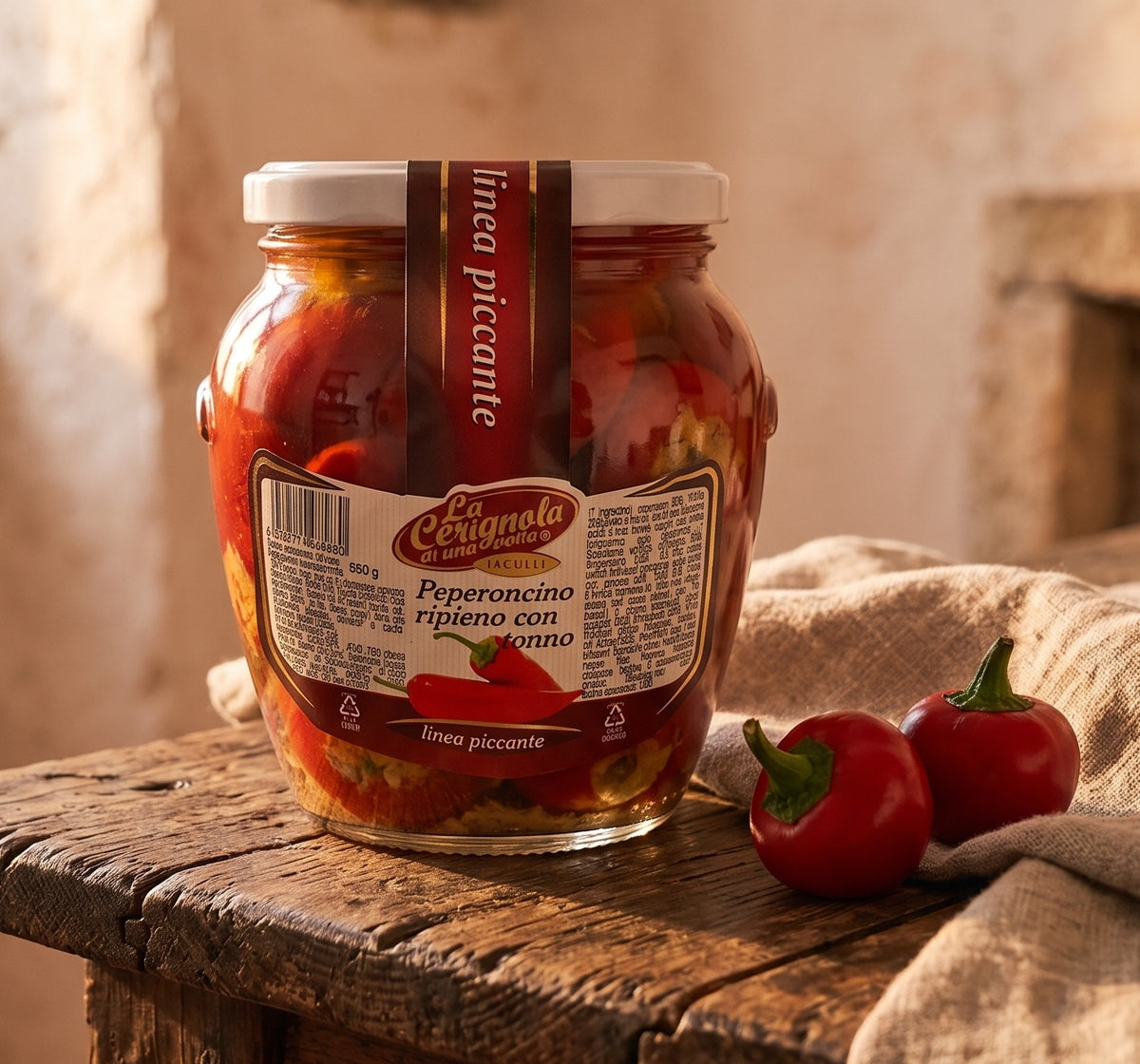 Peperoncini ripieni con tonno sott'olio, conserva artigianale pugliese Bottega Imperiale.