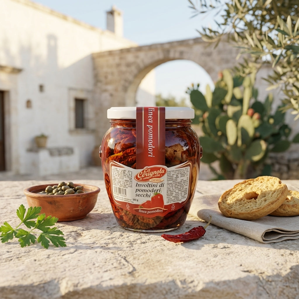 Involtini di pomodori secchi pugliesi ripieni di tonno, conserva sott'olio di Bottega Imperiale