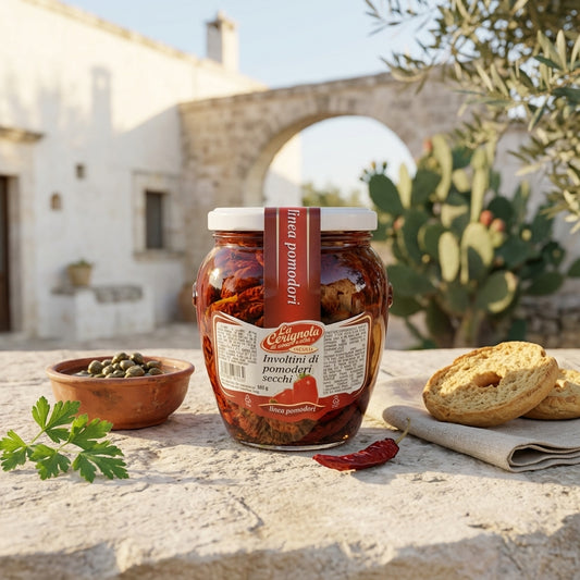 Involtini di pomodori secchi pugliesi ripieni di tonno, conserva sott'olio di Bottega Imperiale